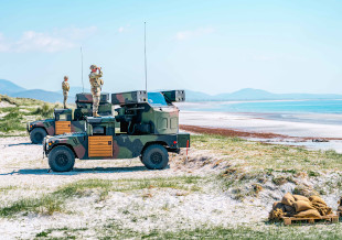 U.S. Army air defenders with 1st Battalion, 57th Air Defense Artillery aim at drones with Avenger Air Defense System during Formidable Shield 25, May 14, 2025, in Hebrides, Scotland. Formidable Shield 25 is the largest at-sea live fire exercise in the European theatre bringing together naval, air and ground forces from 10 NATO allies and partners. The 1st Battalion, 57th Air Defense Artillery is supporting the exercise with short-range air defense capabilities (U.S. Army photo by Sgt. Yesenia Cadavid).